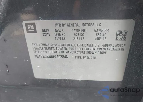 2015 Chevrolet Cruze 2Lt Auto из США, поврежденный, VIN 1G1PE5SB0F7198843